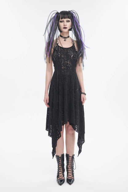 Wool Patterned Metal Chain Halter Backless Black Punk Dress