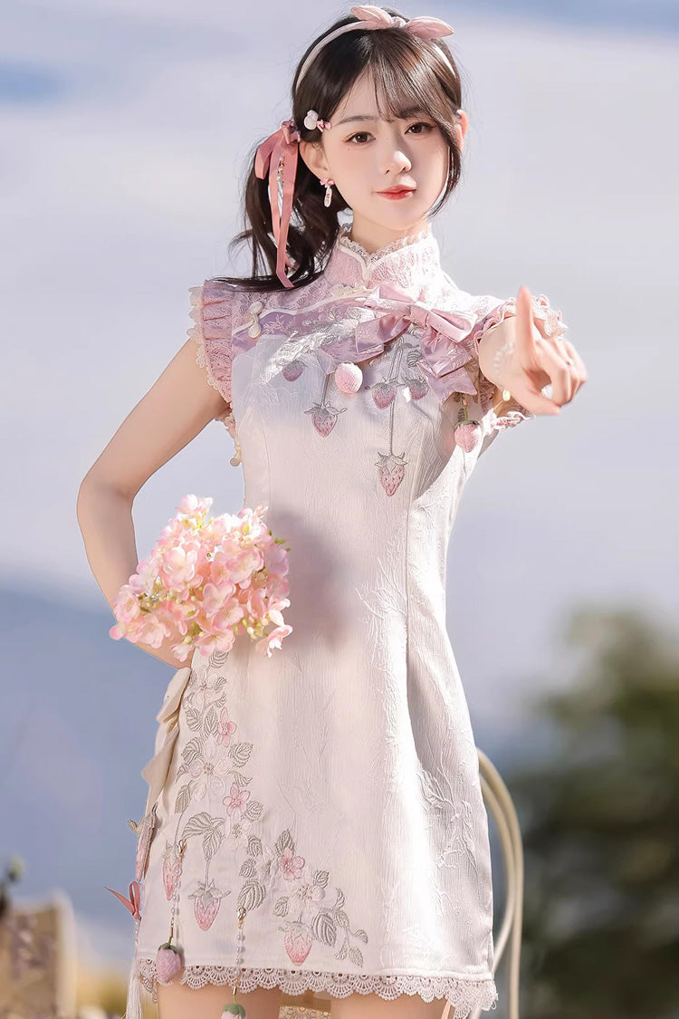 Lace Color-Blocked Chinese Style Sweet Dress - White/Pink Spring Strawberry