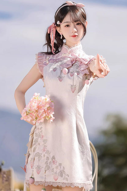 Lace Color-Blocked Chinese Style Sweet Dress - White/Pink Spring Strawberry