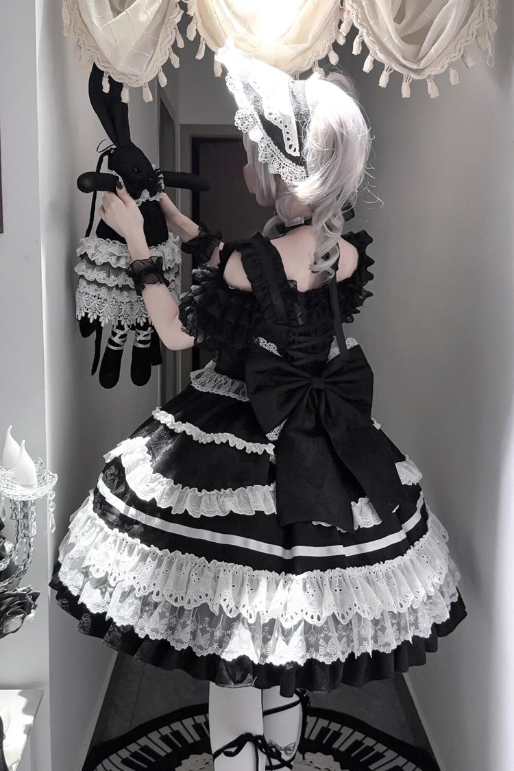 Black White Super Cute Belia Sleeveless Triple-Layered Ruffle Bowknot Lace Gothic Elegant Lolita Jsk Dress