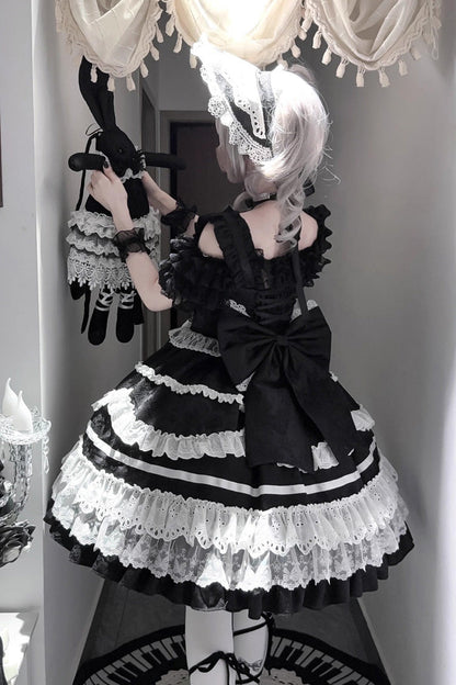 Black White Super Cute Belia Sleeveless Triple-Layered Ruffle Bowknot Lace Gothic Elegant Lolita Jsk Dress