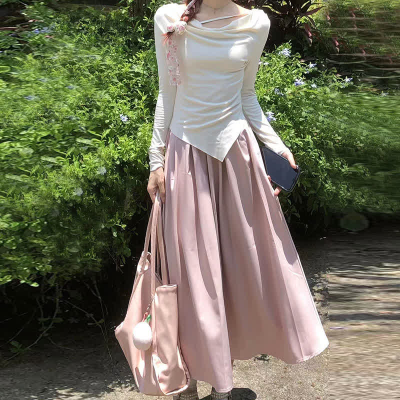 Irregular Ruffled Long Sleeve Shirt Pleated Skirt