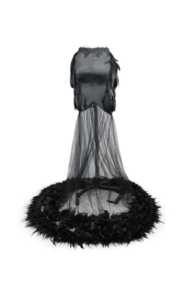 Satin Gothic Skirt with Feather Hem and Fishtail Silhouette
