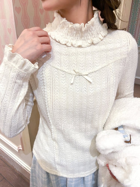 White High Neck Ruffle Trim Long Sleeves Top