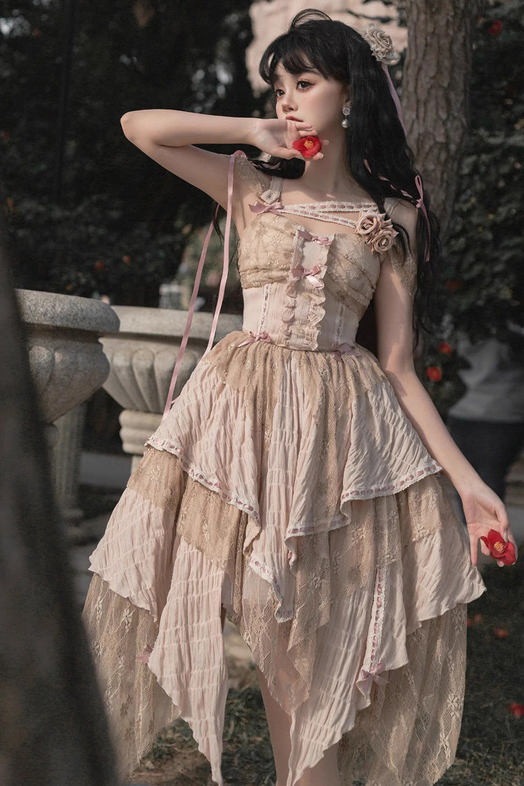 Golden Sleeveless High-Waist Printed Asymmetric Sweet JSK