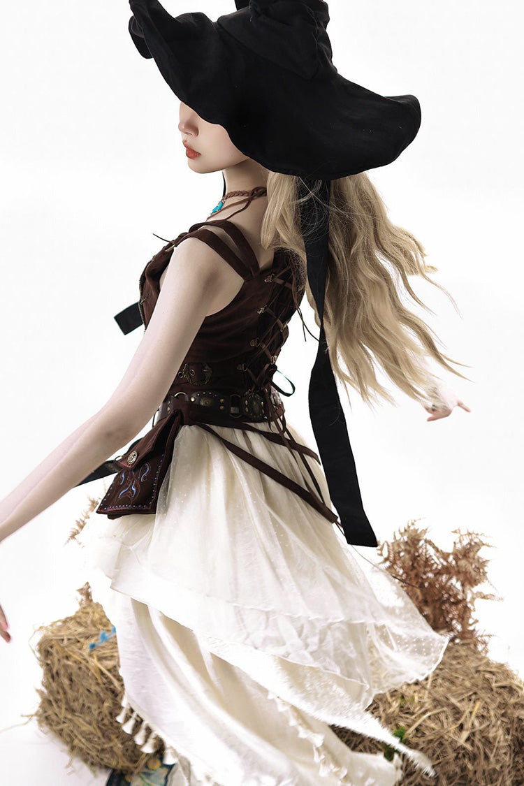 Brown White Dune Shadow Seeker Sleeveless Ruffle Embroidered Irregular Vintage Lolita Skirt Set
