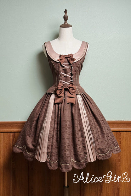 Brown Teddy Chocolate Bar Print Embroidered Bow Lace-Up Classic Lolita JSK Skirt
