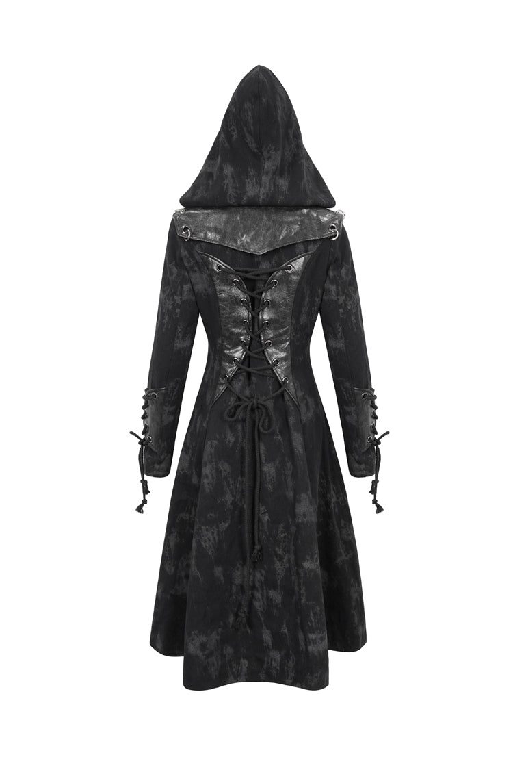 Long Punk Coat for Women with Hood and Irregular Print in Spliced Black Faux Leather