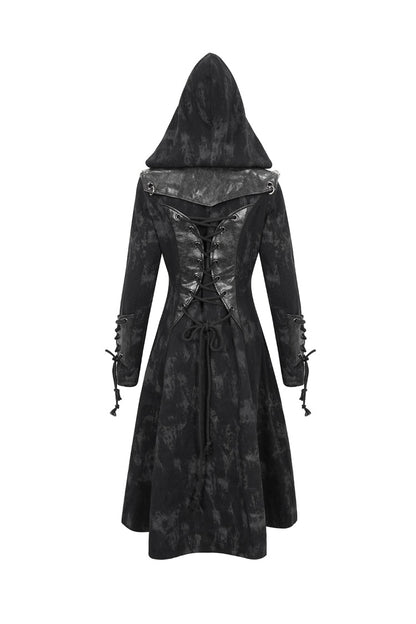 Long Punk Coat for Women with Hood and Irregular Print in Spliced Black Faux Leather