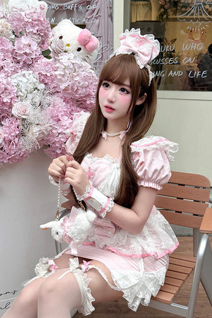 Rose Square Collar Short Sleeve Jacquard Ruffle Embroidered Bow Lace Chinese Sweet Lolita Two-Piece - Little Nurse