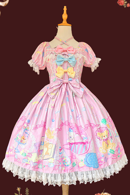 Macaron Dolly House Doll Collar Short Sleeves Print Bowknot Sweet Lolita Dress Colors