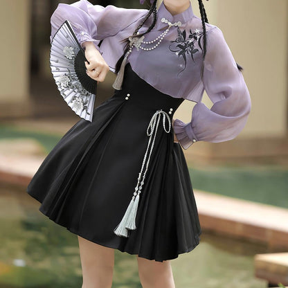 3D Butterfly Pearl Slip Top Dress Lace-up Decor