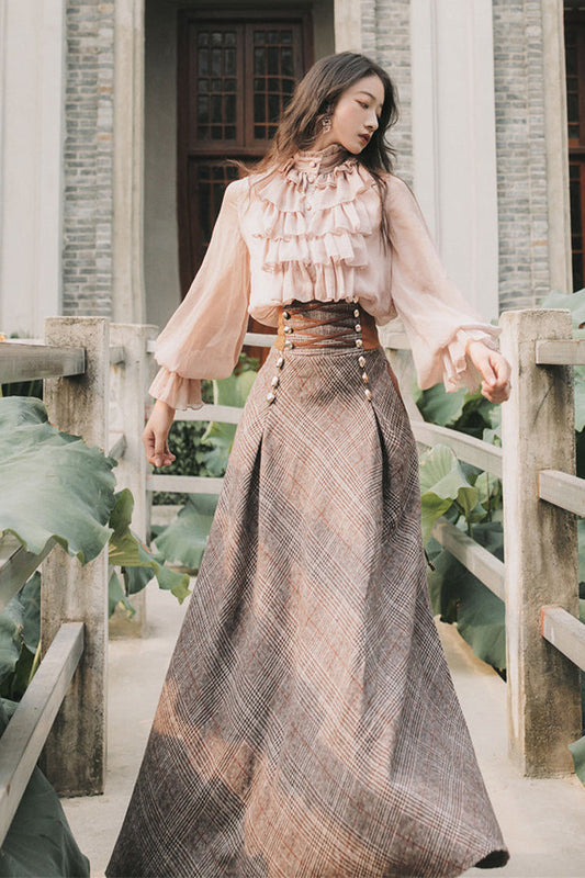 Pink Brown Stand Collar Long Lantern Sleeves Lace-Up Vintage Lolita Skirt Set