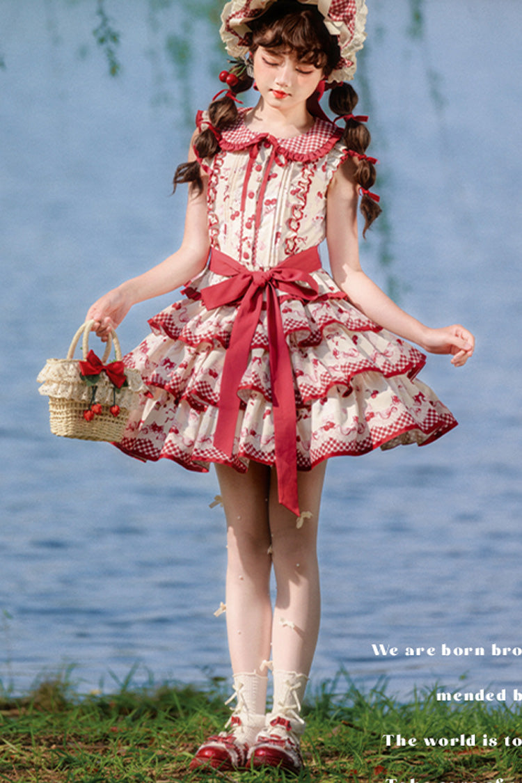Crimson Three-Tier Cherry Print Ruffle Sweet Lolita Skirt Ensemble