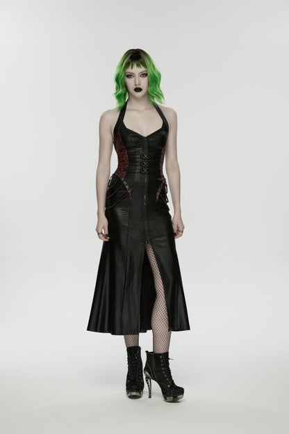 Halterneck Sleeveless Lace-Up Slim Buckled Punk Dress