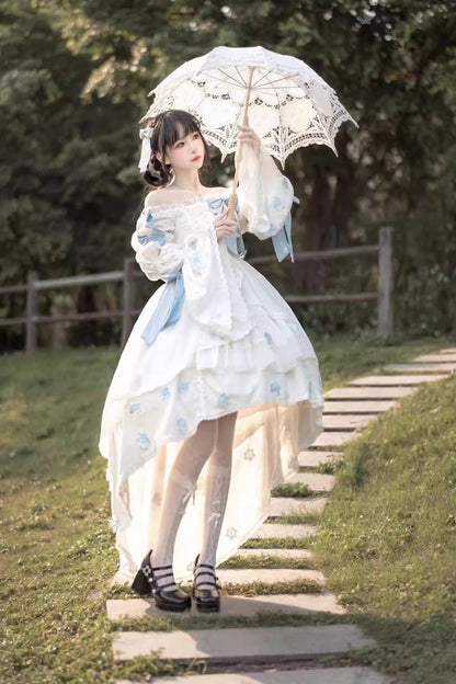 White Boat-Neck Multi-Layer Ruffled Hanayome Bow-Trim Sweet Princess Lolita Strapless Dress