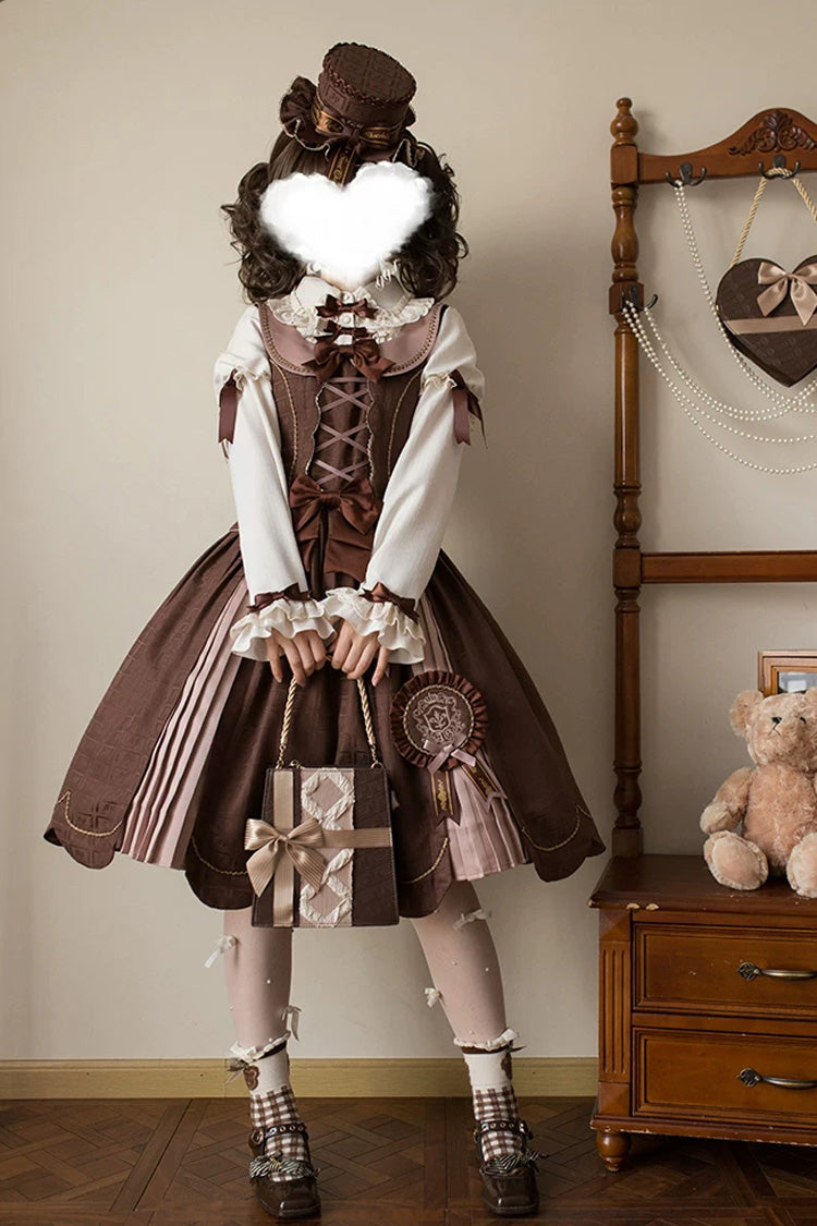Brown Teddy Chocolate Bar Print Embroidered Bow Lace-Up Classic Lolita JSK Skirt