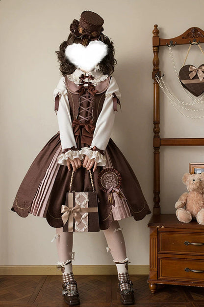 Brown Teddy Chocolate Bar Print Embroidered Bow Lace-Up Classic Lolita JSK Skirt