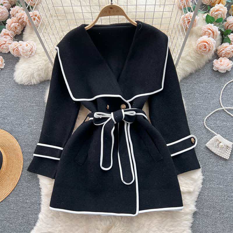 Elegant Print Sailor Collar Belted Coat