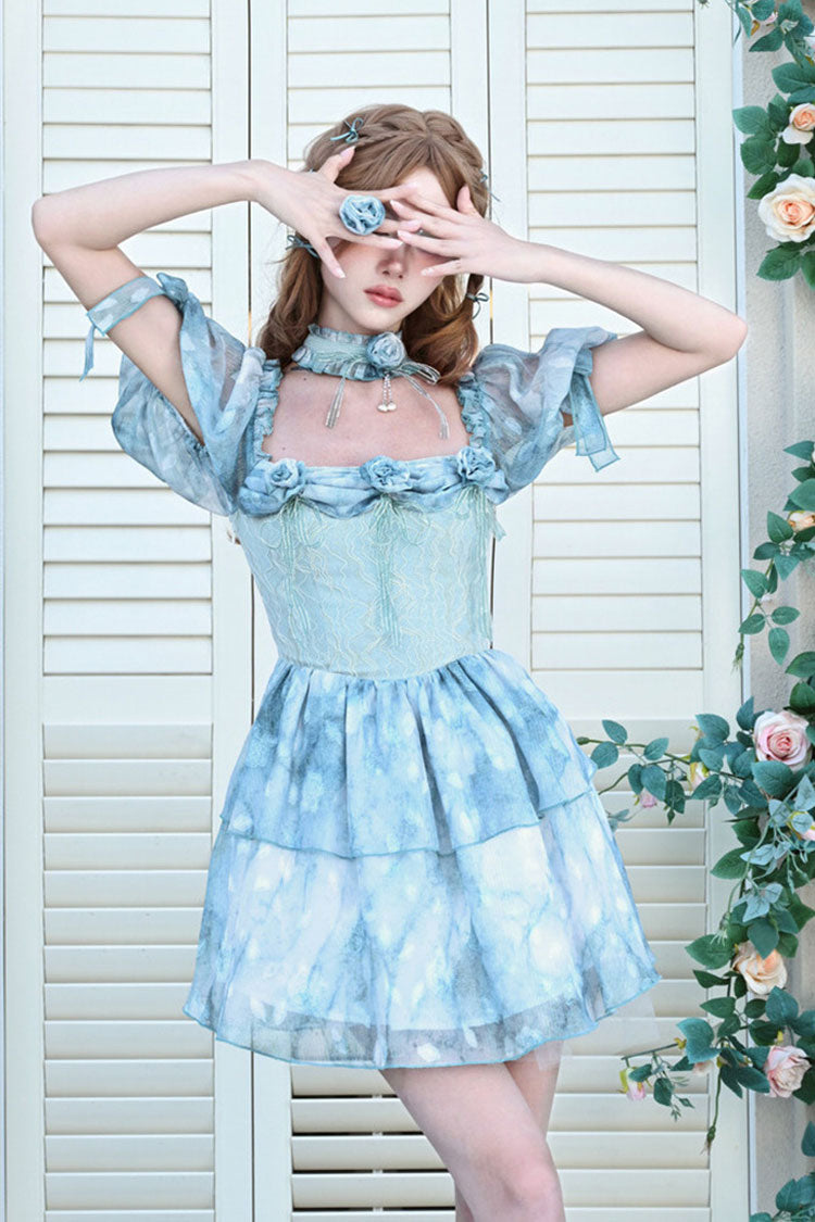 Blue Square Collar Short Puff Sleeve Multi-Layer Print Ruffle Bow Tie-Dye Sweet Princess Lolita Dress