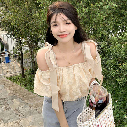 Lace Puff Crop Denim Pants T-Shirt Shoulder Up Skirt