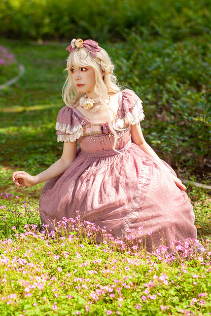 Rose Moon Goddess Mediana Polka Dot Print Ruffle Bow Asymmetrical Elegant Lolita Gown