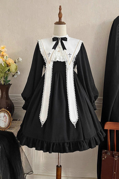 Classic Gothic Elegant Nun Dress with Long Sleeves and Ruffled Bow