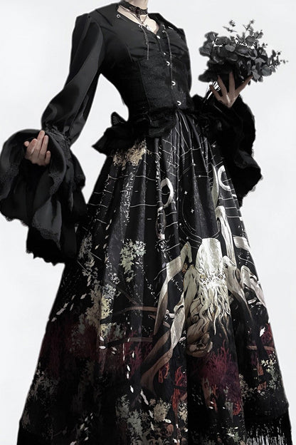 Long Hime Sleeves Gothic Skirt Dress Set with Printed Lace - Reborn Ancient God