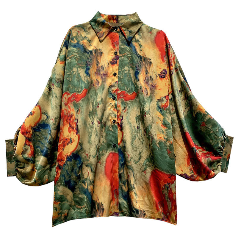 Vintage Floral Batwing Sleeve Lapel Shirt Workwear