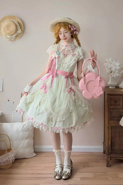 Emerald Sakura's Spring Resonance Sleeveless Ruffled Bow Sweet Lolita JSK