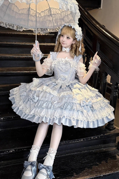 Blue Super Cute Belia Sleeveless Triple-Layered Ruffle Bowknot Lace Sweet Elegant Lolita Jsk Dress