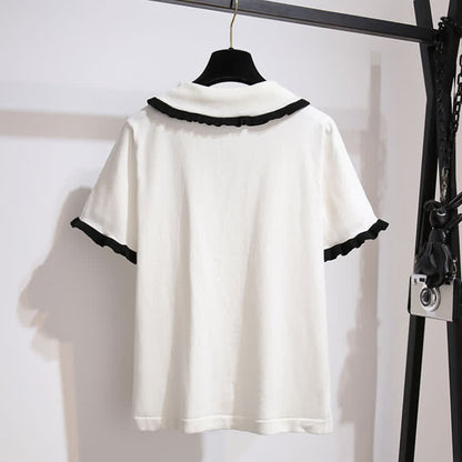 High T-Shirt Denim Skirt Bowknot Waist Knitted