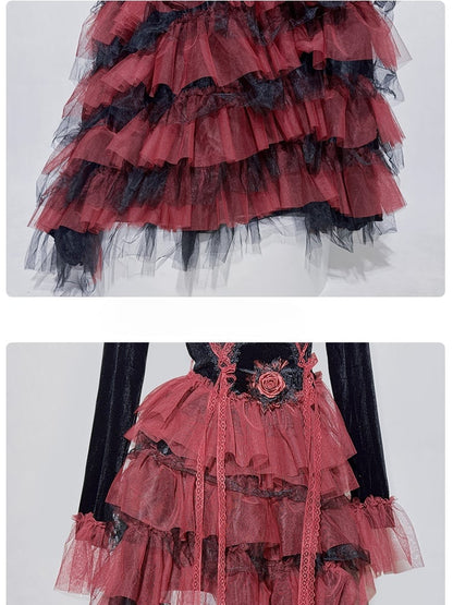 Gothic Black and Red Lace Hem Tiered High-Low Skirt