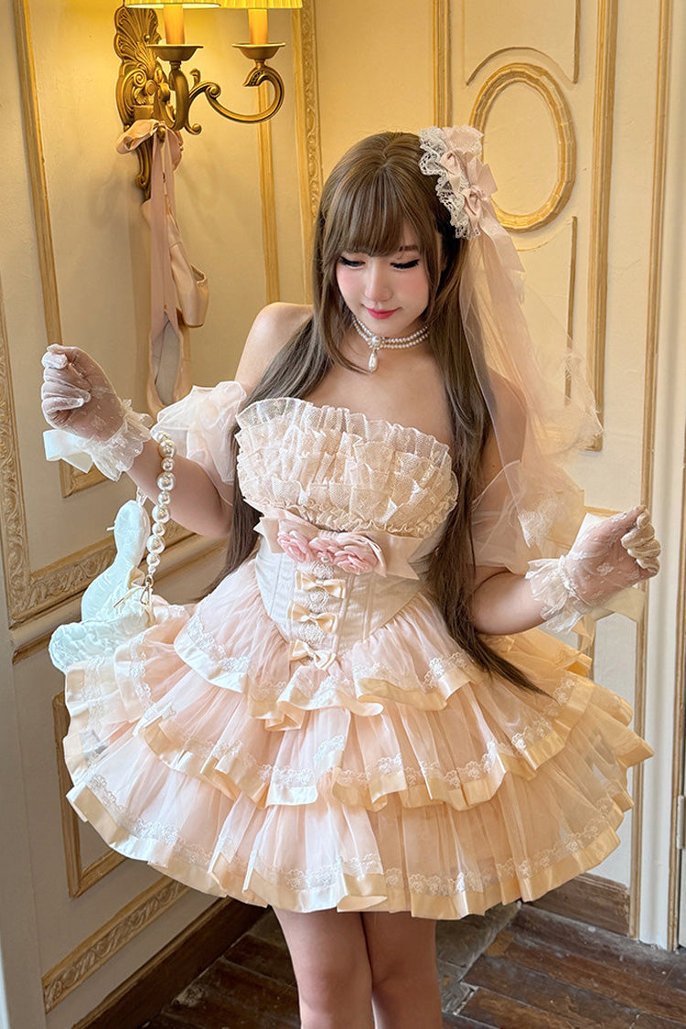 Rose Mousse Love Song Off Shoulder Sleeveless Triple Ruffled Bride Bow Elegant Ballet Short Set