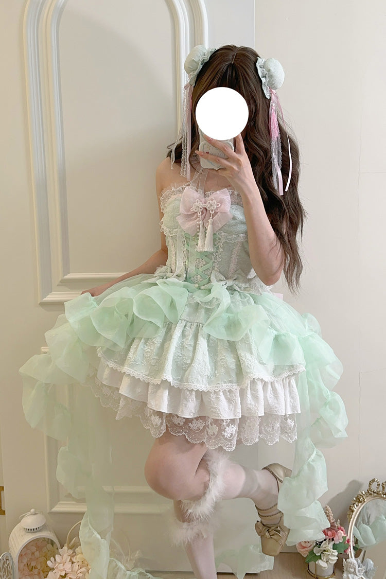 Emerald Rain and Flowers Halterneck Jacquard Bowknot Lace Sweet Lolita JSK