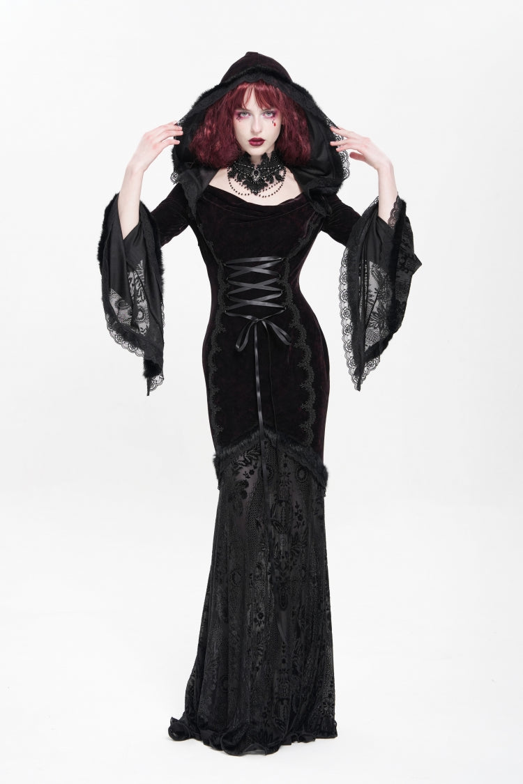 Trumpet Sleeve Embroidered Lace Hooded Mesh Gothic Dress