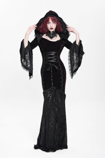 Trumpet Sleeve Embroidered Lace Hooded Mesh Gothic Dress