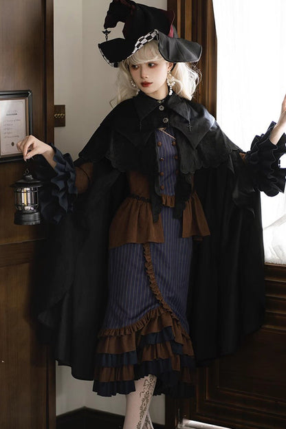 Blue Brown Time Traveler Long Sleeves Multi-Layer Print Ruffle Punk Mermaid Skirt Set