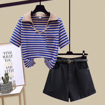 T-Shirt Stripe Denim Pocket Shorts Top Crop