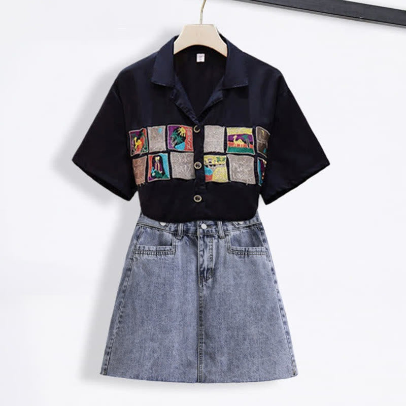 Denim Skirt Laple T-Shirt Embroidery Loose