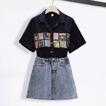 Denim Skirt Laple T-Shirt Embroidery Loose