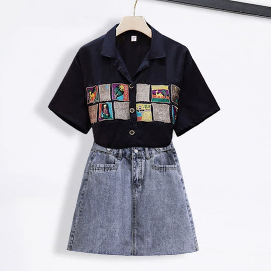 Denim Skirt Laple T-Shirt Embroidery Loose