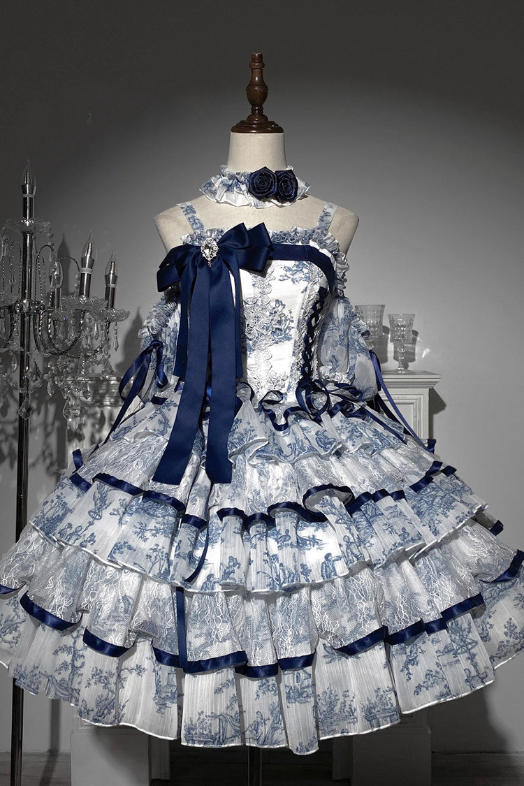 Blue White Sleeveless Multi-Layered Print Bowknot Fishbone Sweet Classic Chinese Style Lolita Jsk Long Dress