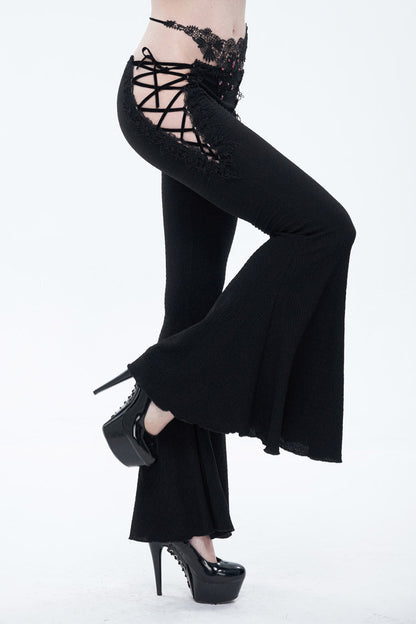 Gothic Flared Pants with Lace-Up Cutouts and Gems