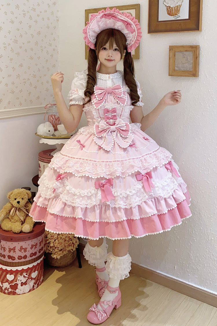 Pink Fondant Cake Sleeveless Multi-Layer Ruffle Bow Lace Sweet JSK Dress