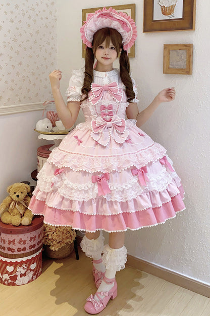 Pink Fondant Cake Sleeveless Multi-Layer Ruffle Bow Lace Sweet JSK Dress