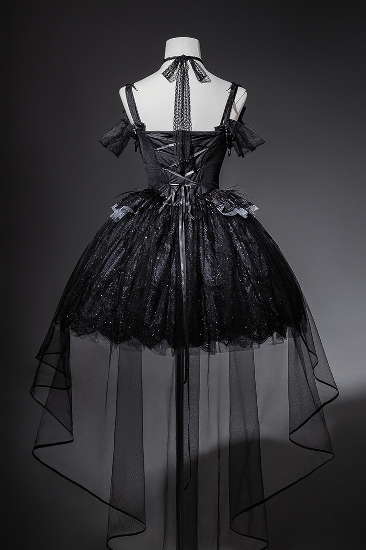 Ruffled Embroidery Gothic JSK Dress with Bow and Lace - Star Swan Dream