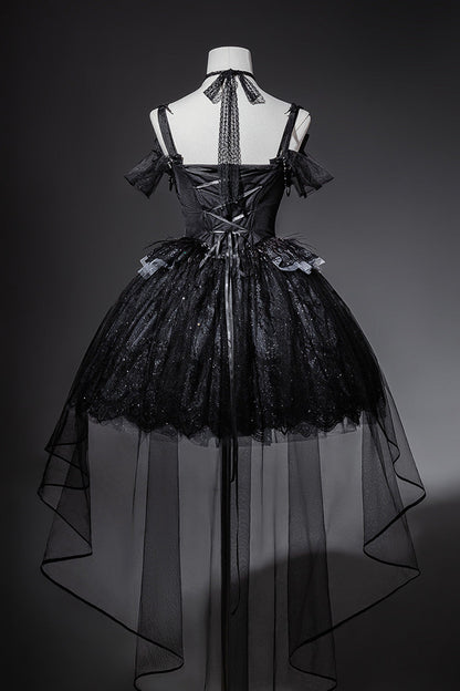 Ruffled Embroidery Gothic JSK Dress with Bow and Lace - Star Swan Dream