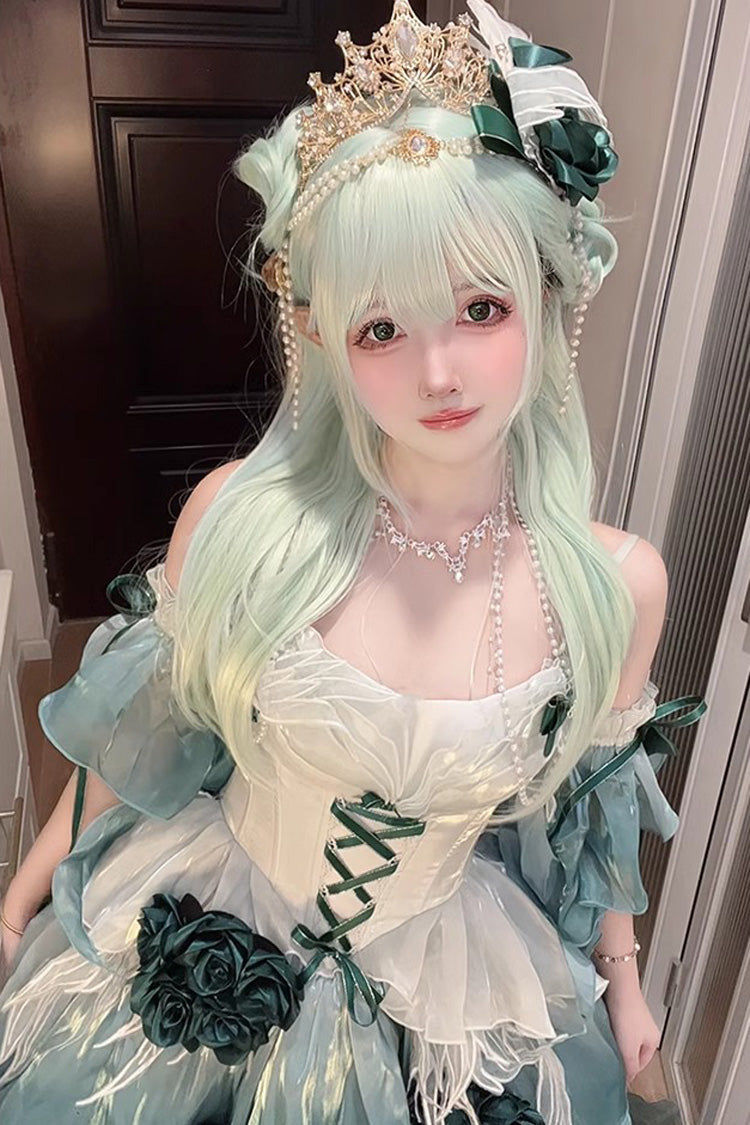 Amber Green Sweet Ballet Lolita Swan Wonderland Embroidery Lace-Up Mini JSK Dress