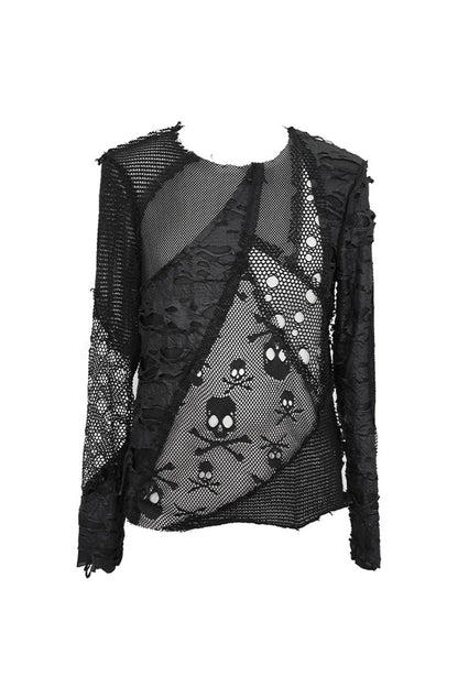 Punk T-Shirt for Men with Mesh Stitching and Round Collar
